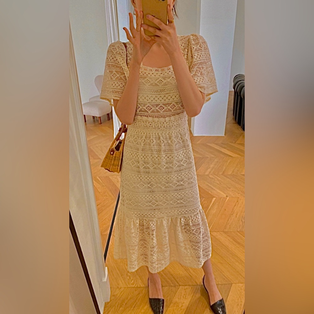 NWT Korean Soft Girl Square Collar ALine Midi Summer Lace Embroidery Party Dress